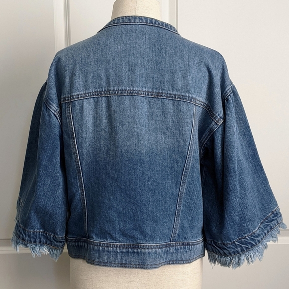 1. State Denim Jacket 3/4 Length Flared Frayed Sleeve Button Front Blue M NWT - Picture 9 of 16